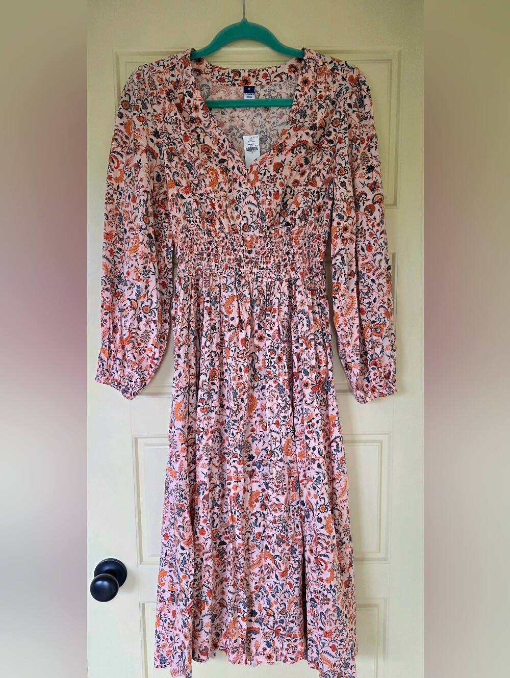 New Old Navy Fall Floral Long-Sleeve Smocked Waist Midi Dress Orange Blue Medium
